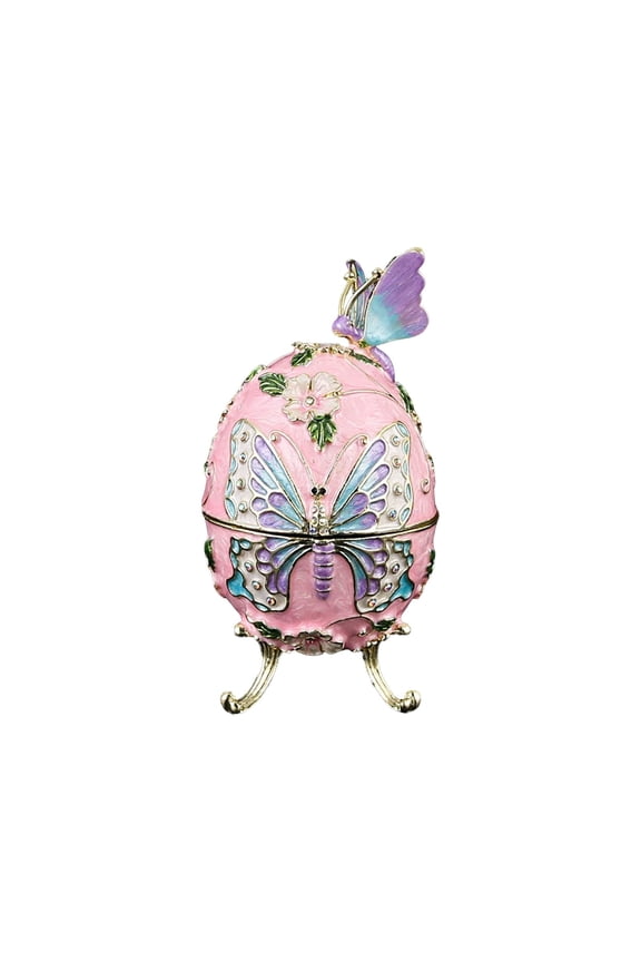 Faberge Style Eggs,Trinket Box,Victorian Decor,5 Inch Metal Enamel Ornament,Butteryfly Egg Easter Egg Jewelry Box Decoration,Enameled Jewelry Box For Necklace Rings Earrings Organize.Pink