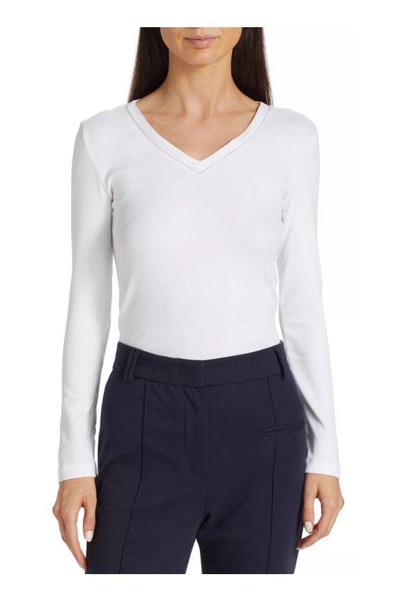 Womens Rib-Knit Cotton Long-Sleeve Top US 8 White IT 44 NWT $390