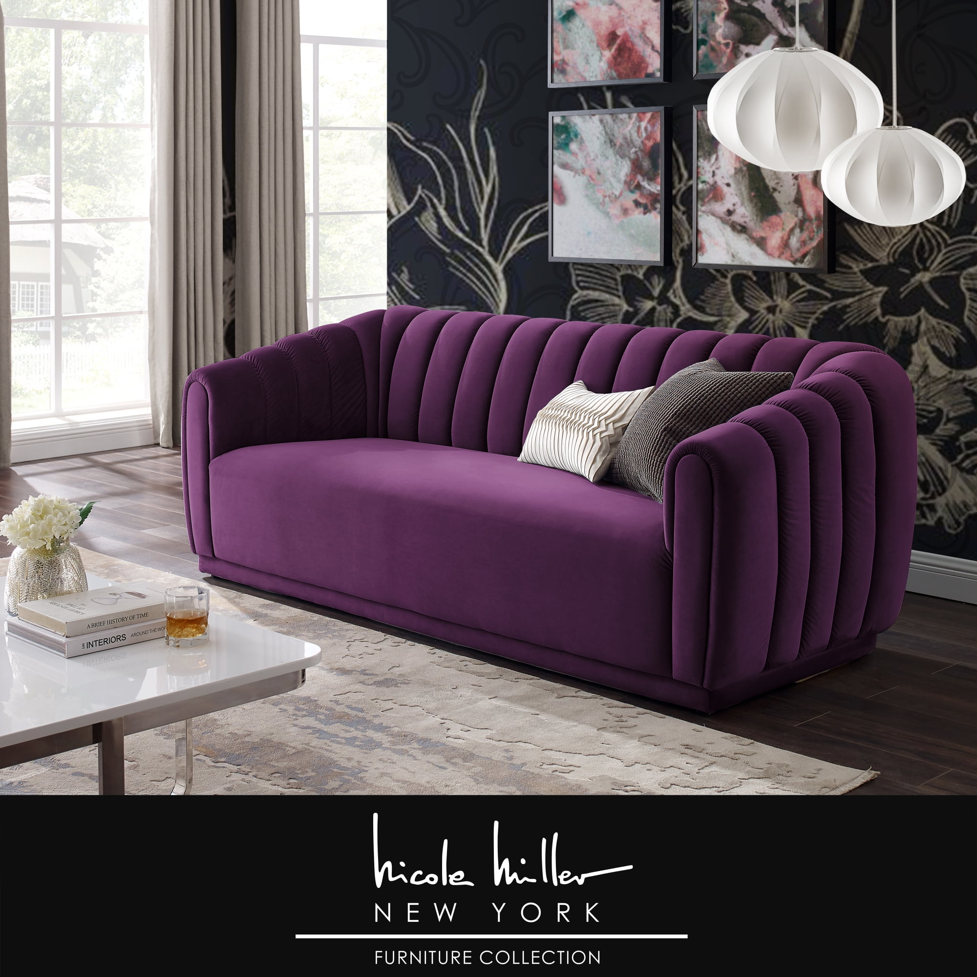 Shop Fabien Purple Velvet 85" Long Sofa Channel Tufted Arms and Back