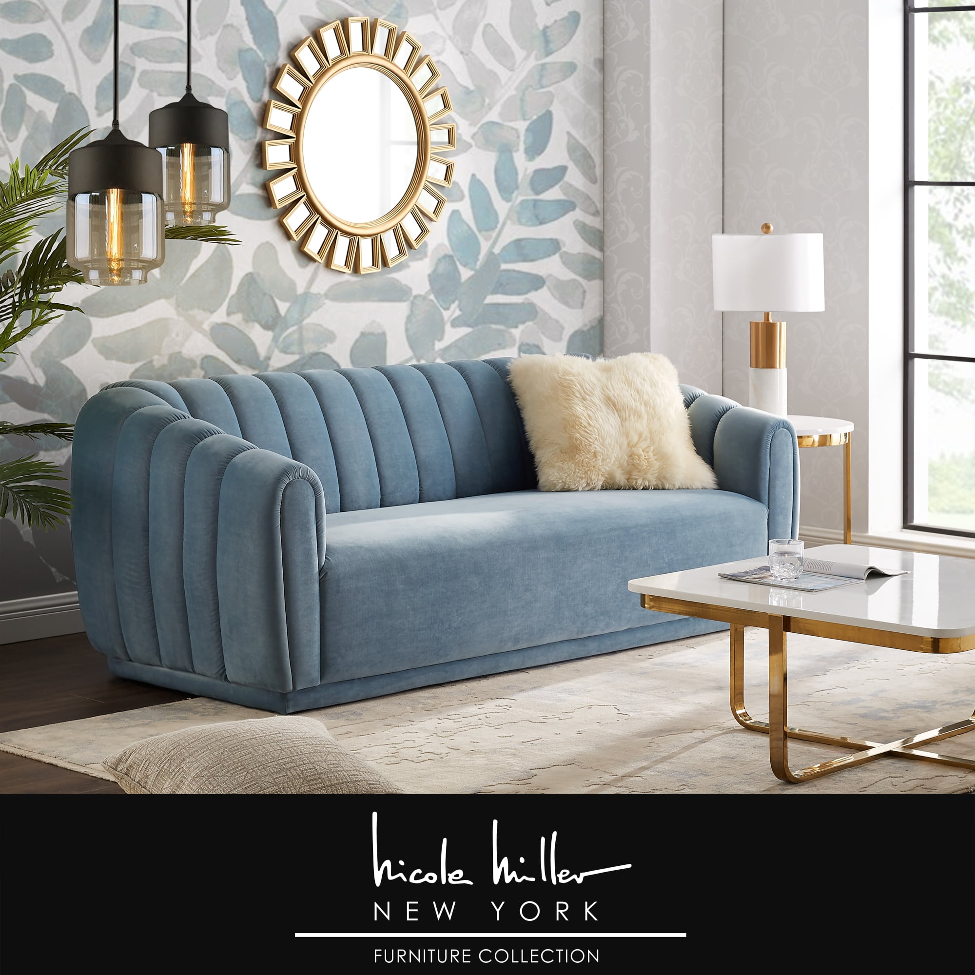 Fabien Teal Velvet 85" Long Sofa - Channel Tufted Arms and Back, Rolled Arms, Sinuous Spring ...