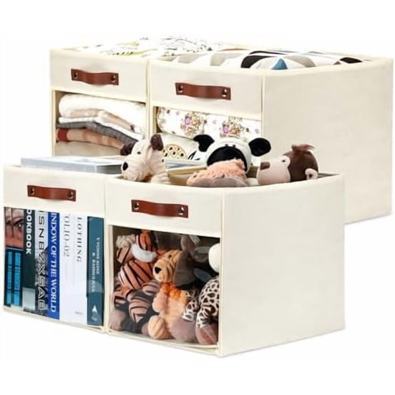Fabirc Storage Cubes Bin 13x15x13 Clear Storage Cube, 4 Pack Foldable Cloth Cubby Storage Bins for Cube Organizer Closet Cabinet, Large Fabric Storage Bins for Shelves Organizer Bins- Cream