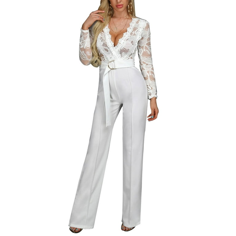 Fabiurt Plus Size Women s Lace V Neck Belted Jumpsuit In Solid Color For Any Occasion for Women White Walmart