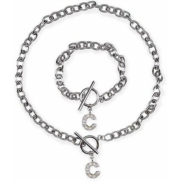 Fablinks Crystal Letter Charm Necklace and Bracelet Set, Initial Charm Jewelry (CC)
