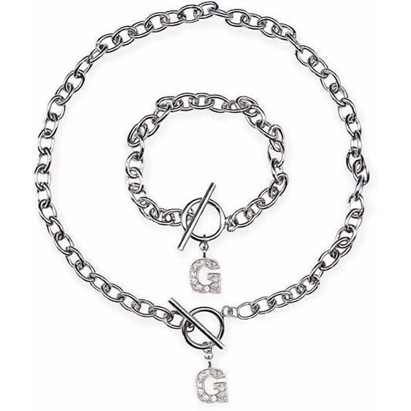 Fablinks Crystal Letter Charm Necklace and Bracelet Set, Initial Charm Jewelry (GG)