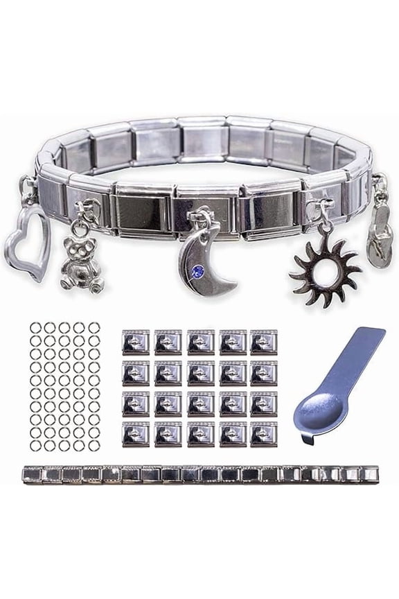 Italian Charm Bracelet Starter Kit, 9mm 304 Stainless Steel Charms Link Bracelets for Women, Silver Modular Jewelry Pack for Men with Tool