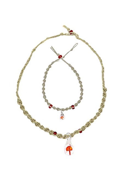 Mushroom Glass Pendant Hemp Choker and Hemp Anklet Set - Bohemian Jewelry Anklet Bracelet and Necklace Set - Braided Anklets for Women and Men - Psychedelic Mushroom Jewelry (Red)