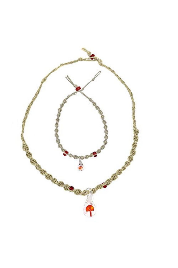 Mushroom Glass Pendant Hemp Choker and Hemp Anklet Set - Bohemian Jewelry Anklet Bracelet and Necklace Set - Braided Anklets for Women and Men - Psychedelic Mushroom Jewelry (Red)