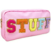 Fablinks Preppy Makeup Pouch, Chenille Varsity Letter Stuff Bag, Pink Nylon Skin Care Patch Bags Organizer