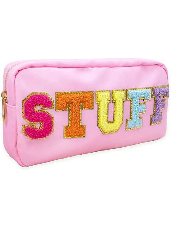 Preppy Makeup Pouch, Chenille Varsity Letter Stuff Bag, Pink Nylon Skin Care Patch Bags Organizer