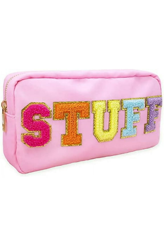 Preppy Makeup Pouch, Chenille Varsity Letter Stuff Bag, Pink Nylon Skin Care Patch Bags Organizer