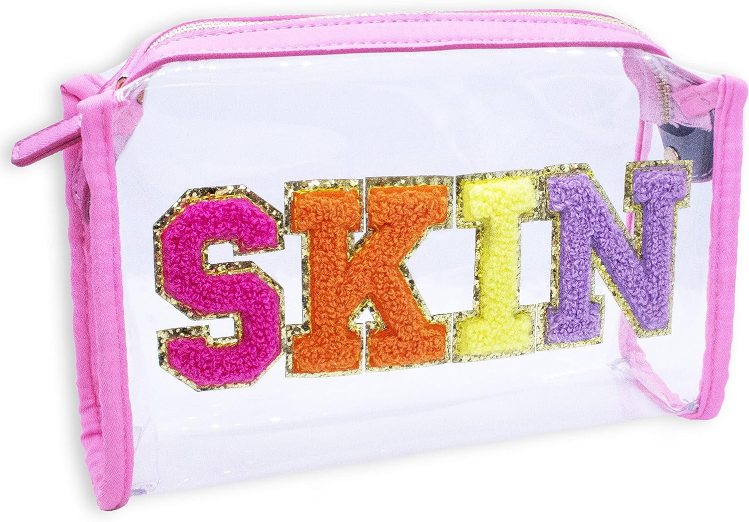 Fablinks Preppy Skin Care Travel Bag Clear TSA Approved Skincare Toiletry Pouch for Women Chenille Letter Patch Zipper Makeup Bags for Teen Girls Walmart