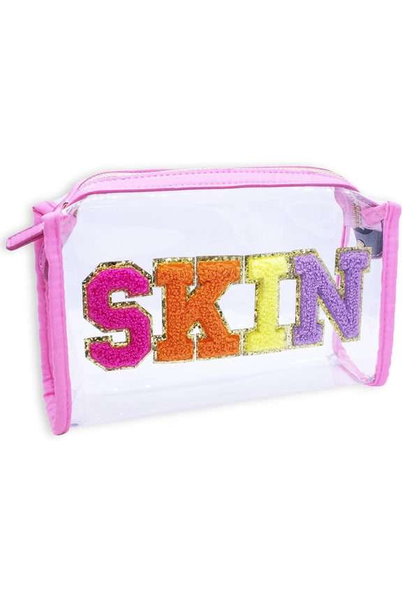 Preppy Skin Care Travel Bag, Clear TSA Approved Skincare Toiletry Pouch for Women, Chenille Letter Patch Zipper Makeup Bags for Teen Girls