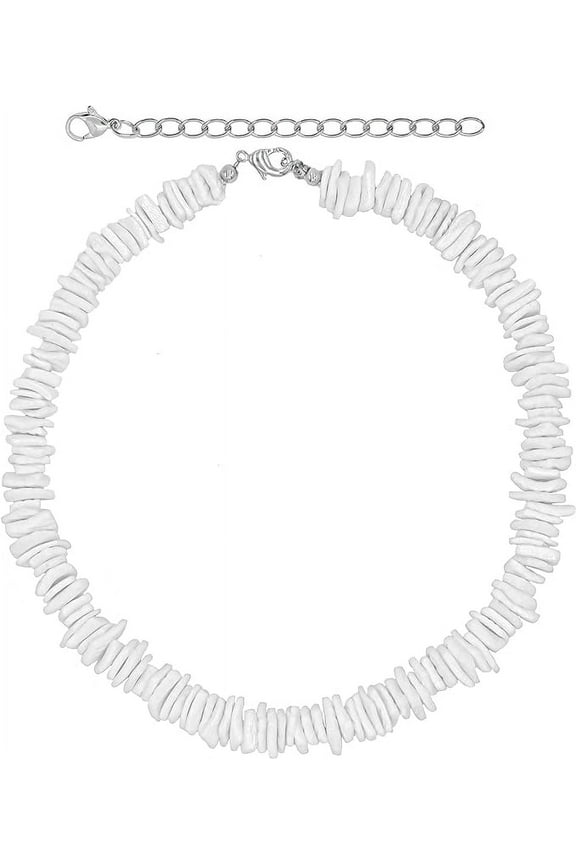 White Puka Shell Necklace, Hawaiian Seashell Necklace for Men, VSCO Beach Necklaces for Women, Beachy Beaded Summer Pooka Choker, Heishi Clam Chips Surfer Jewelry
