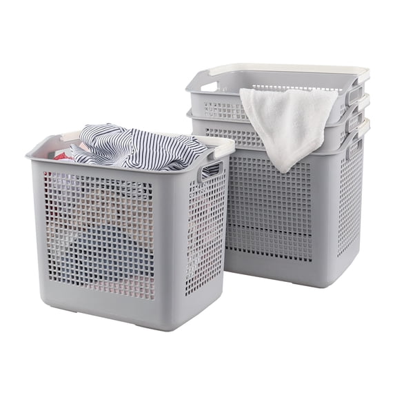 Fabnati 35 Liter Plastic Laundry Basket with Carry Handle, 4 Pack Clothes Hamper, Gray