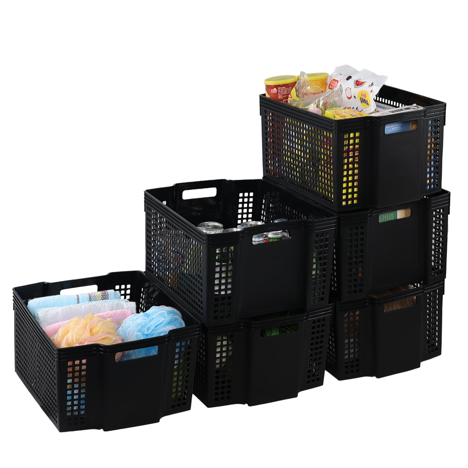 Fabnati Black Large Shelf Storage Basket, 6 Pack Stackable Plastic Organizing Basket Bin