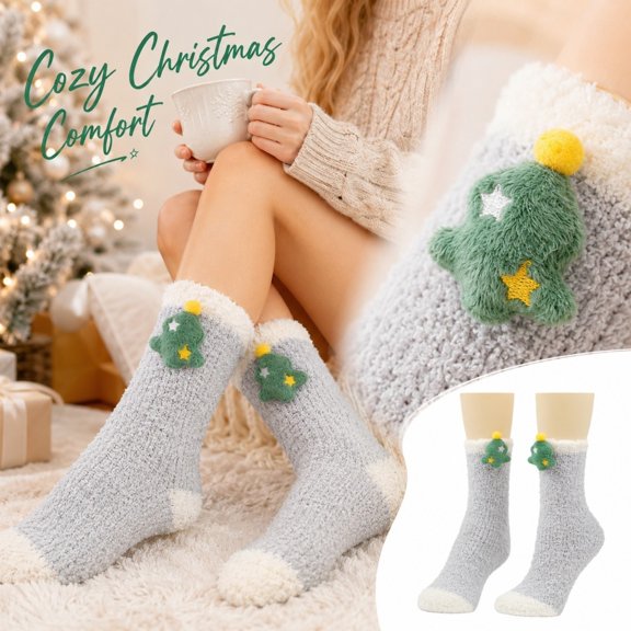 Fabrcox 1 Pairs Christmas Socks, Soft Warm Thick Plush Winter Indoor House Socks, Festive Holiday Novelty Crew Socks, Cozy Stocking Stuffer Gift for Family and Friends Gray