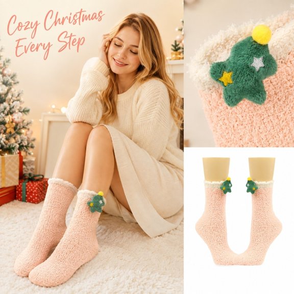 Fabrcox 1 Pairs Christmas Socks, Soft Warm Thick Plush Winter Indoor House Socks, Festive Holiday Novelty Crew Socks, Cozy Stocking Stuffer Gift for Family and Friends Pink