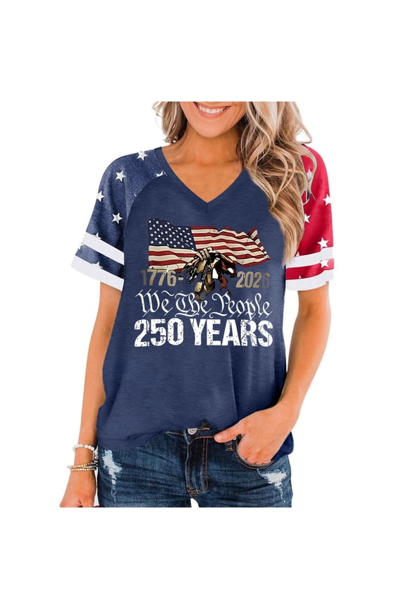 1776-2026 250 Anniversary USA Shirts Flag Print V Neck T Shirts for Women Short Sleeve Celebration Freedom Patriotic 4th of July Shirt Women Blue M