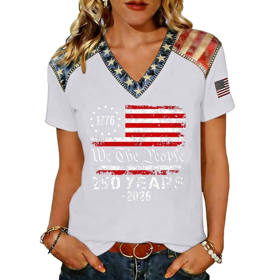 Fabrcox 1776-2026 250 Anniversary USA Shirts Flag Print V Neck T Shirts for Women Short Sleeve Celebration Patriotic Freedom 4th of July Shirts for Women Funny White M