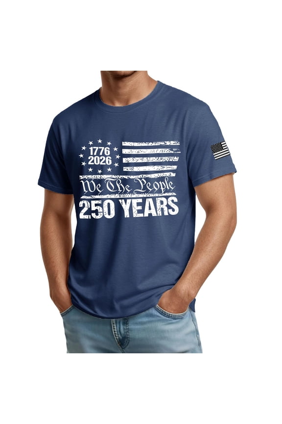 1776-2026 250 th Anniversary of USA Shirt Flag Print Short Sleeve 4th of July Tshirts Shirts for Men Independence Day Patriotic T Shirts for Men Blue XL