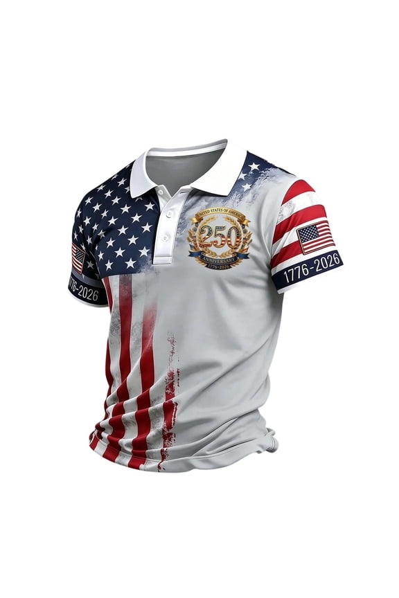 1776-2026 250th USA Anniversary Polo T Shirts for Men Flag Print Patriotic Shirts for Men Freedom Celebration 4th of July T Shirts for Men Gray XXXL
