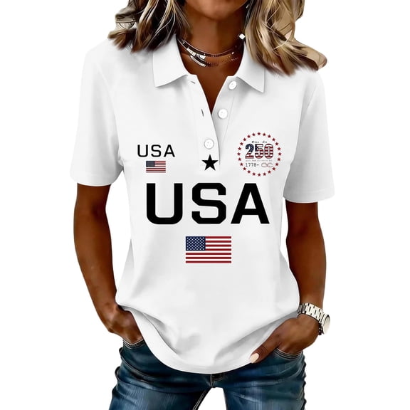 Fabrcox 1776-2026 4th of July Polo Shirt for Women Short Sleeve Flag Print USA 250th Anniversary Shirt Commemorative Freedom Patriotic Shirts for Women White L