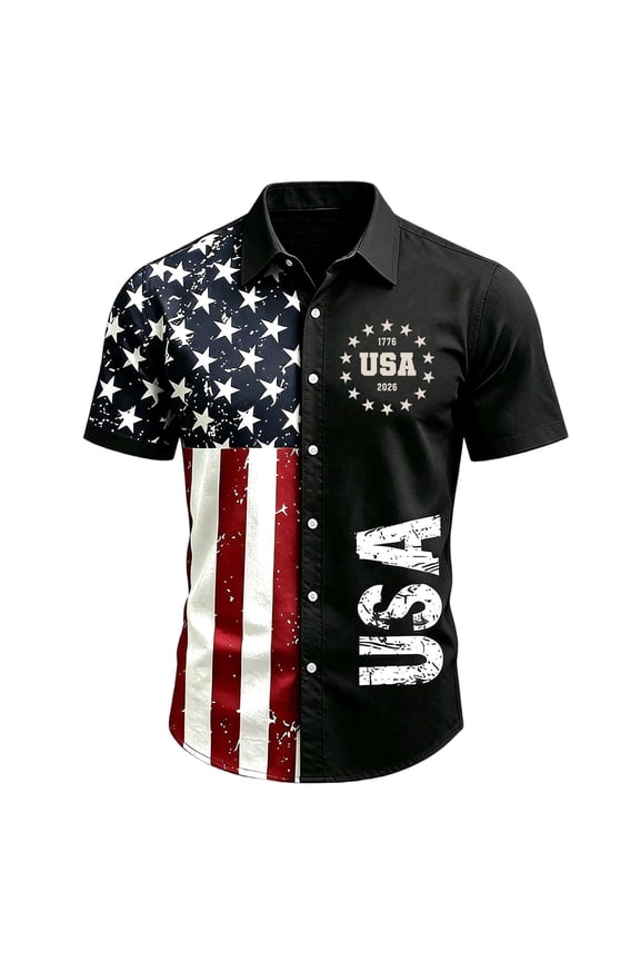 1776-2026 Mens USA 250th Anniversary Shirt Button Down Flag Print Patriotic T Shirts for Men Freedom Celebration 4th of July T Shirts for Men Black XXL