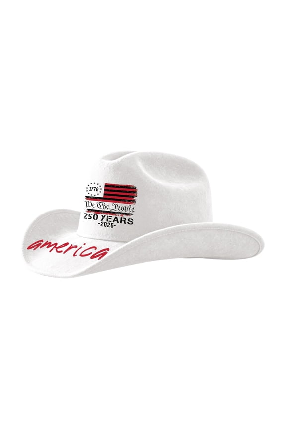 1776-2026 USA 250th Anniversary Cowboy Hat Western America Flag Print Freedom Patriotic Independence Day 4th of July Hat White 22.04"-22.83"