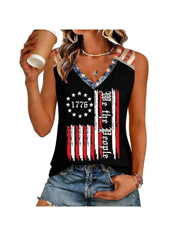 1776-2026 Womens 4th of July Shirt Tank Tops Sleeveless Flag Print 250 Anniversary USA T Shirt V Neck Commemorative Freedom Patriotic Shirts for Women Black XL