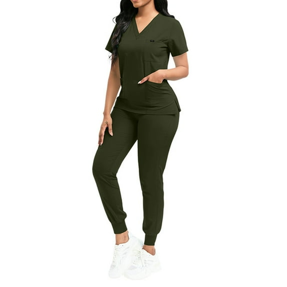 Fabrcox 2 Piece Scrub Sets for Women Fall Short Sleeve Nurse Tops Long Jogger Pants with Pockets Casual Soft Medical Nursing Uniforms Set Army Green M