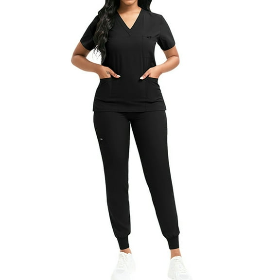 Fabrcox 2 Piece Scrub Sets for Women Fall Short Sleeve Nurse Tops Long Jogger Pants with Pockets Casual Soft Medical Nursing Uniforms Set Black M