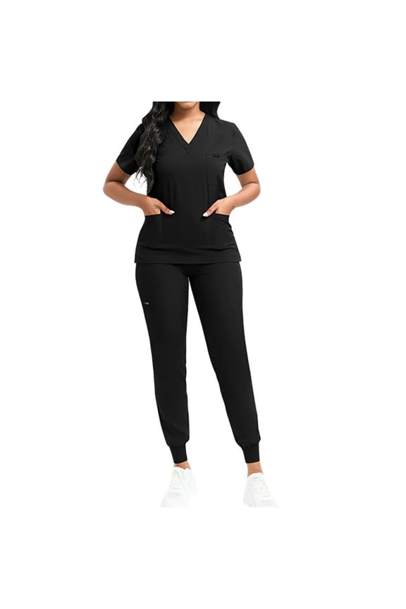 2 Piece Scrub Sets for Women Fall Short Sleeve Nurse Tops Long Jogger Pants with Pockets Casual Soft Medical Nursing Uniforms Set Black M