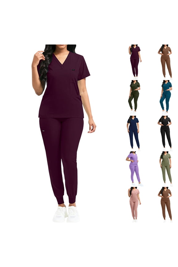2 Piece Scrub Sets for Women Fall Short Sleeve Nurse Tops Long Jogger Pants with Pockets Casual Soft Medical Nursing Uniforms Set Wine M