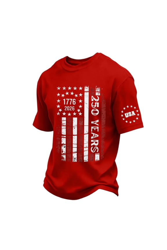 250th Anniversary USA Shirt Men 1776-2026 Flag Print Men's Patriotic T-Shirts Freedom Celebration Short Sleeve 4th of July T Shirts for Men Red 4XL