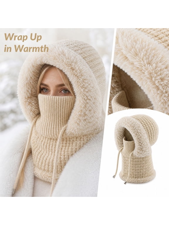 3 in 1 Beanie Hat for Women, Knitted Winter Hat with Built-in Scarf & Face Mask, Fleece Lined Windproof Hooded Ski Hat with Drawstring for Cold Weather Beige