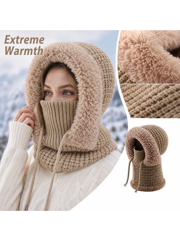 3 in 1 Beanie Hat for Women, Knitted Winter Hat with Built-in Scarf & Face Mask, Fleece Lined Windproof Hooded Ski Hat with Drawstring for Cold Weather Khaki