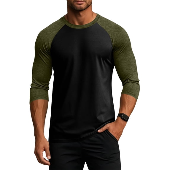 Fabrcox 3/4 Sleeve Shirts for Men Crew Neck Raglan Baseball T Shirt Color Block Breathable Going Out Running Workout Shirt Men Green S