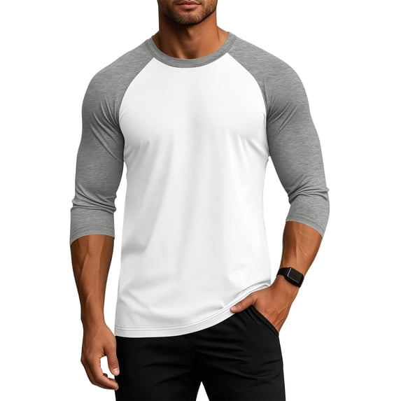 Fabrcox 3/4 Sleeve Shirts for Men Raglan Crew Neck Baseball Shirts for Men Color Block Lightweight Going Out Running Workout Shirts for Men Gray XXXL