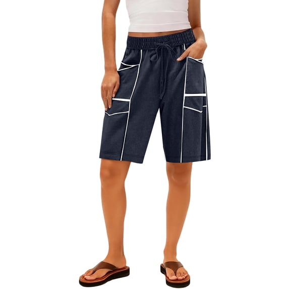Fabrcox Bermuda Shorts Patchwork Curve Biker Shorts for Women Striped Drawstring Womens Cargo Shorts with Multiple Pockets