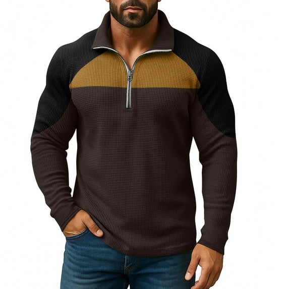 Fabrcox Big and Tall Mens Polo Shirts Quarter Zip Collared Color Patchwork T Shirts Fall Long Sleeve Casual Lightweight Trendy Polo Shirts,Brown XL