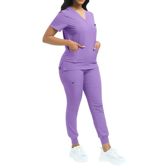 Fabrcox Black Scrub Sets for Women Short Sleeve Nurse Tops Long Jogger Pants with Pockets Casual Soft Medical Nursing Uniforms Set Light Purple S