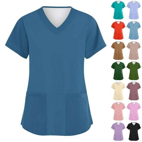 Fabrcox Black Scrub Women Tops Oversized Short Sleeve V Neck Nurse Scrubs Tops with Pockets Fall Spring Working Uniform Light Purple 2XL