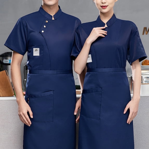 Fabrcox Blue Chef Coat Restaurant Short Sleeve Chef Uniforms with Pockets Unisex Button Basic Lightweight Canteen Hotel Kitchen Work Wear for Men Women