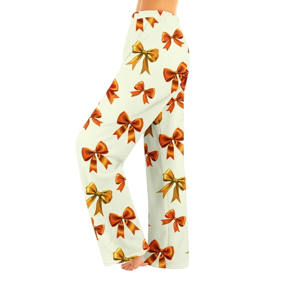 Fabrcox Bow Printed Flannel Pajama Pants Womens Elastic Waist Wide Leg Lounge Bottoms Ladies Pajamas Bottoms Winter Cute Print Lounge Pants Yellow XS