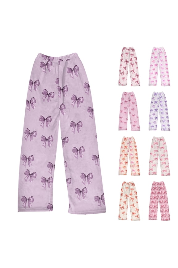 Bow Printed Flannel Pajama Pants for Women Elastic Waist Wide Leg Lounge Bottoms Ladies Pajamas Bottoms Winter Cute Print Lounge Pants Red XS