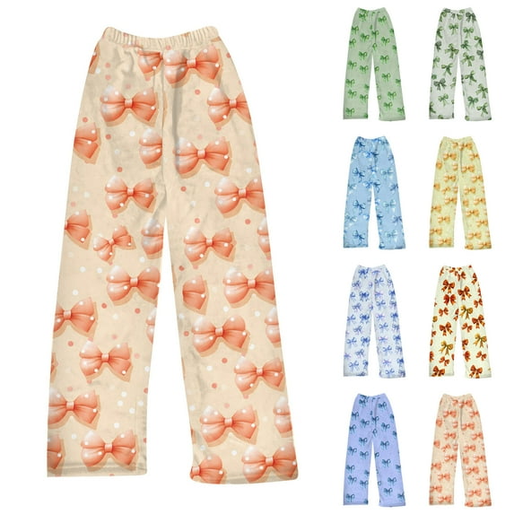 Fabrcox Bow Printed Home Pajamas Bottoms for Women Elastic Waist Wide Leg Lounge Bottoms Ladies Pajamas Bottoms Winter Cute Print Lounge Pants Orange XS