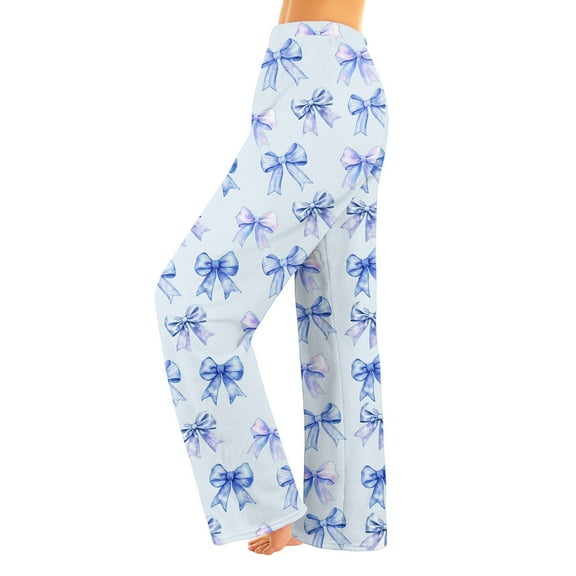 Fabrcox Bow Printed Warm Pajama Pants for Women Elastic Waist Wide Leg Lounge Bottoms Ladies Pajamas Bottoms Winter Cute Print Lounge Pants Light Blue XS