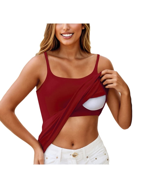 Built In Bra Tank Tops Padded Square Neck Fitted Sleeveless Camisole Tops Spaghetti Strap Summer Athletic Under Shirts for Women S-6XL