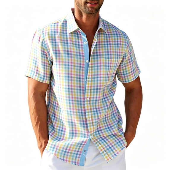 Fabrcox Button Down Shirt Men Short Sleeve Plaid Collared Men's Beach Shirt Summer Color Block Breathable Sun Shirts for Men Blue S