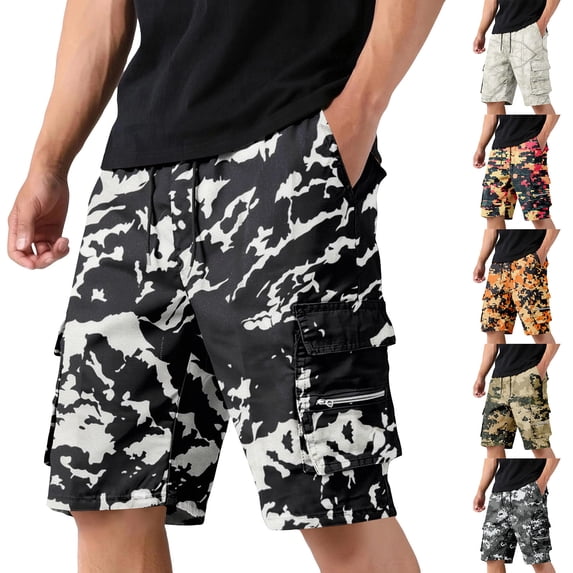 Fabrcox Camo Cargo Shorts Men Elastic Waist Men Bermuda Shorts Breathable Summer Outdoor Running Basketball Shorts Men with Pockets Black M